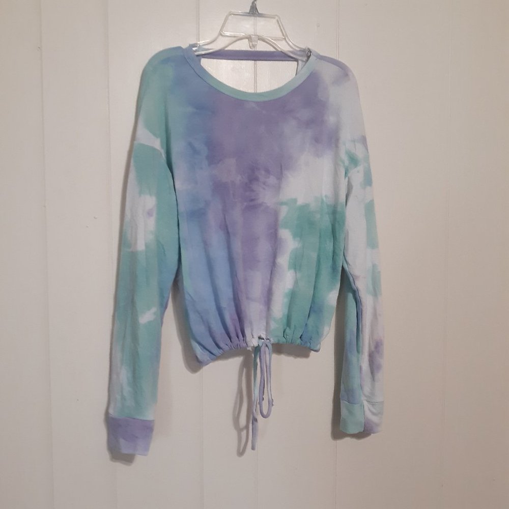 Everly Francesca's Women's Blue Purple White Tie Dye Long Sleeve Cropped Top S